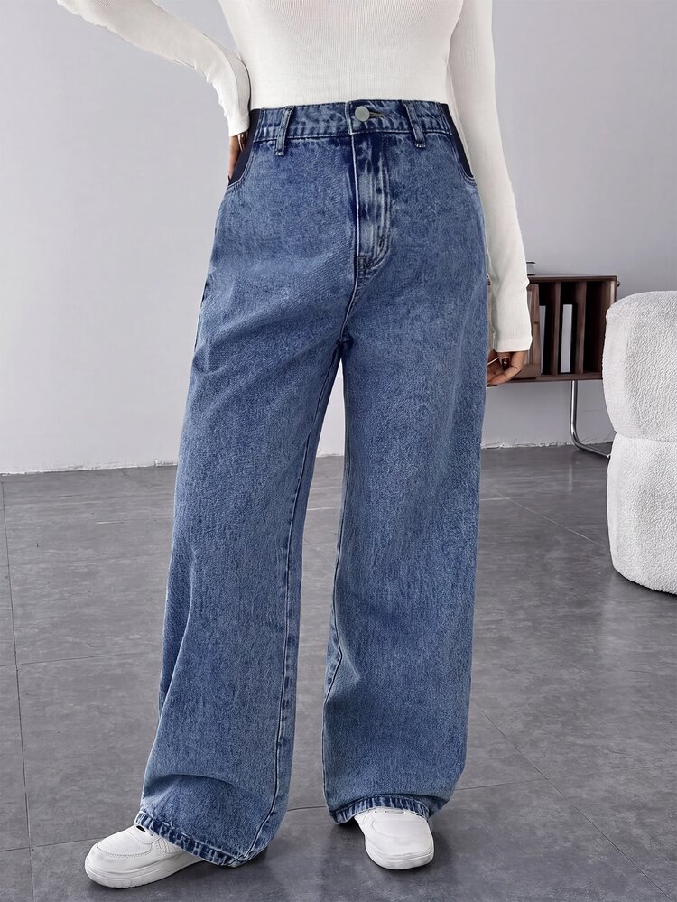 SHEIN Maternity Bow Embroidery Wide Leg Loose Casual Denim Jeans Cowgirl Clothing For Women New Year Outfit - Blue - View 5