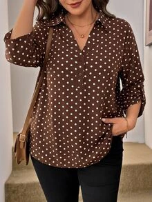 Easowa Curve Plus Size Brown Mid-Sleeve Shirt Office Gym Autumn 90s Fall - Multicolor - View 5