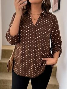 Easowa Curve Plus Size Brown Mid-Sleeve Shirt Office Gym Autumn 90s Fall - Multicolor - View 3