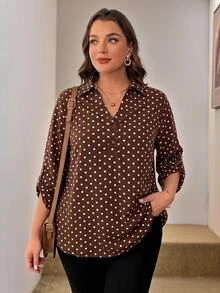 Easowa Curve Plus Size Brown Mid-Sleeve Shirt Office Gym Autumn 90s Fall - Multicolor - View 1