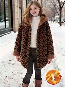 SHEIN TweenGirls 豹紋厚實毛茸茸連帽夾克 秋冬休閒街頭風可愛 5-15°C 抓絨長袖棕色 - 棕色 - 查看 4