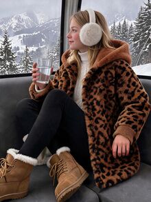 SHEIN TweenGirls 豹紋厚實毛茸茸連帽夾克 秋冬休閒街頭風可愛 5-15°C 抓絨長袖棕色 - 棕色 - 查看 1