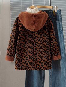 SHEIN TweenGirls 豹紋厚實毛茸茸連帽夾克 秋冬休閒街頭風可愛 5-15°C 抓絨長袖棕色 - 棕色 - 查看 2
