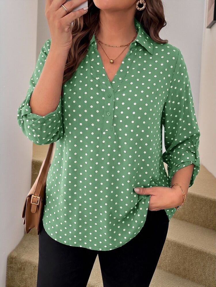 Easowa Curve Plus Size Leopard Print Mid-Sleeve Shirt Fall - Olive Green - View 3