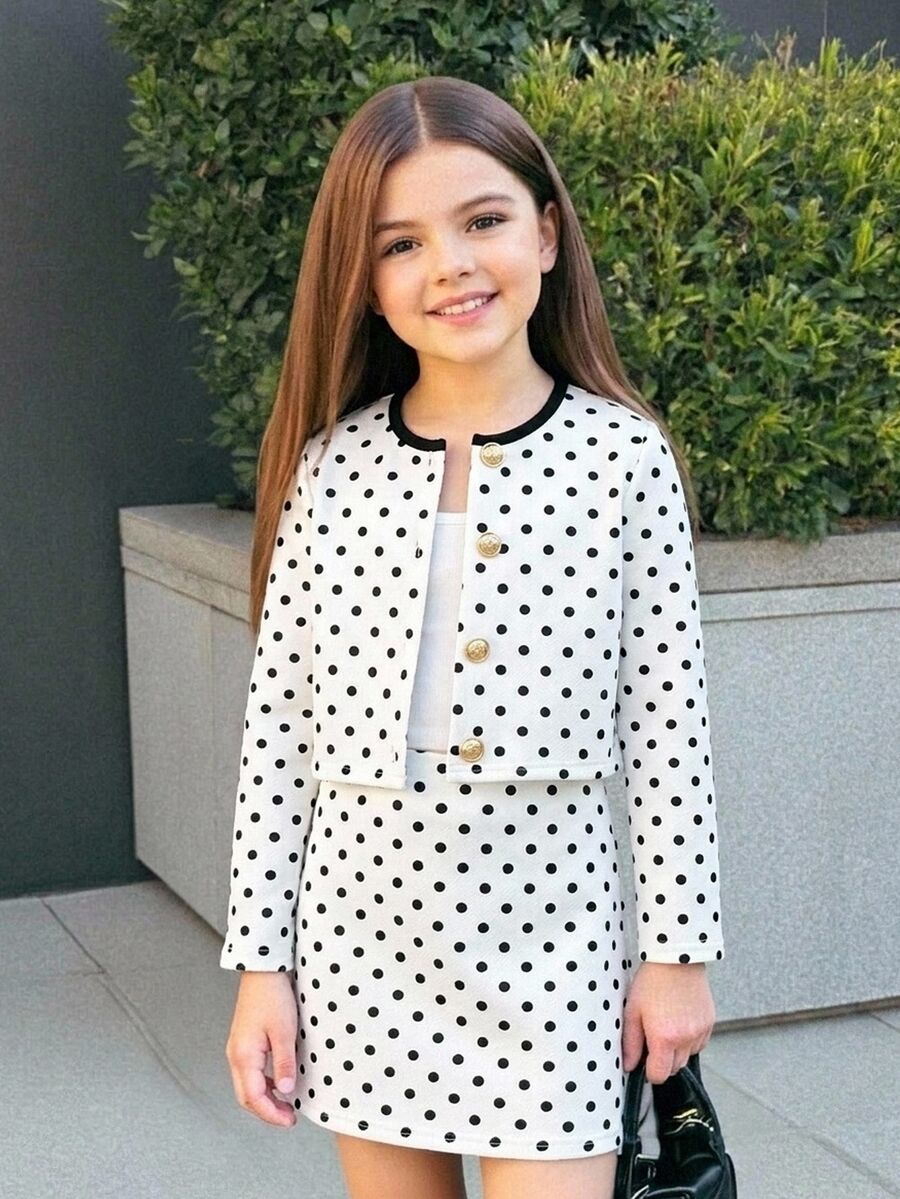 SHEIN 女童女孩兒童針織波點休閒夾克與裙子兩件套 - 彩色 - 查看 1