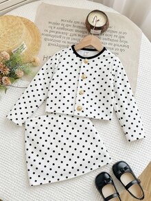 SHEIN 女童女孩兒童針織波點休閒夾克與裙子兩件套 - 彩色 - 查看 4