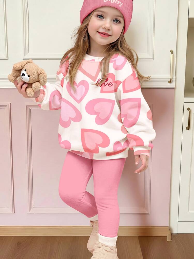 Vintage Sweet Pink Heart Pattern, Girls Casual Minimalist Crew Neck Pullover Sweatshirt And Brushed Leggings 2 Pieces Set, New Outfit Suitable For Autumn/Winter Daily Wear, Back To School Season, Sweet & Playful Style, Relaxed Fashion - Multicolor - View 1