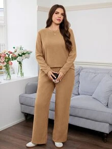Easowa Curve 大尺碼冬季休閒優雅寬鬆純色上衣與長褲兩件套，適合度假、正式場合、居家休閒、晚宴，駝色加厚款 - 卡其色 - 查看 5