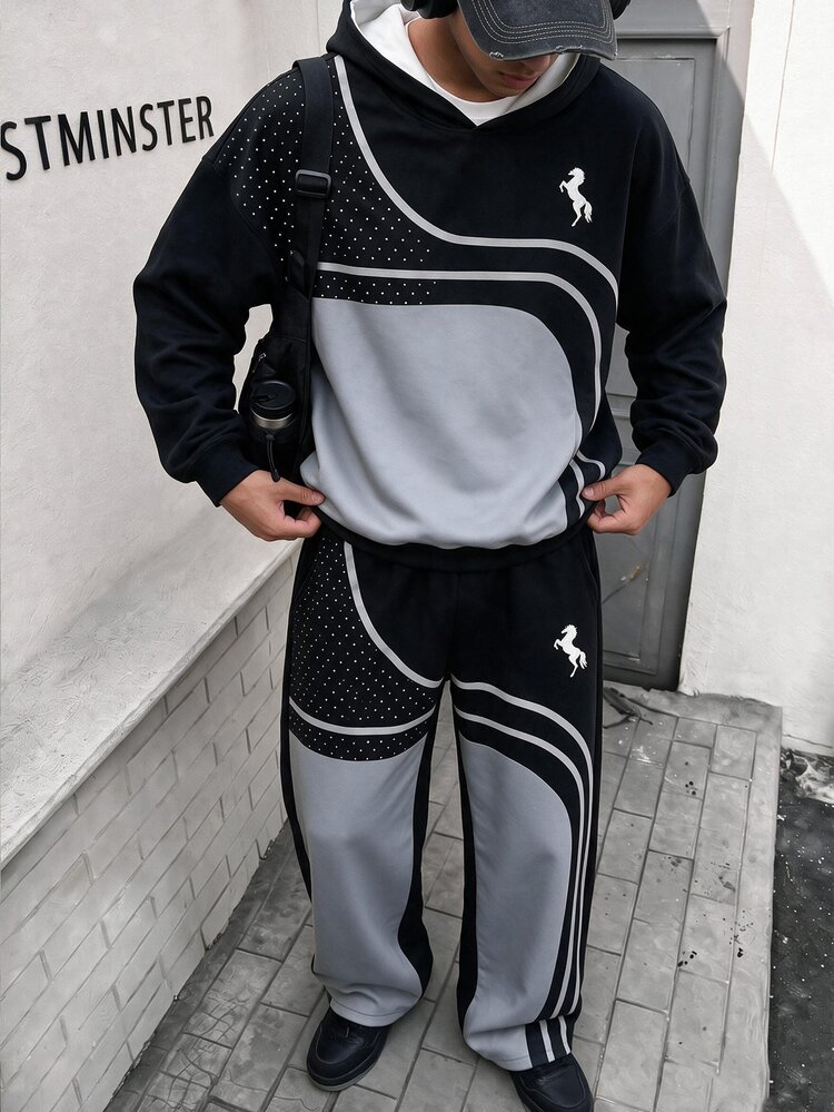 Autumn/Winter Teenager Hoodie Sweatshirt Set, Colorblock Patchwork Pony Print Hooded Sweatshirt & Flared Sweatpants 2 Pieces Set, Boys Hip Hop Sports Outfit - Black - View 1