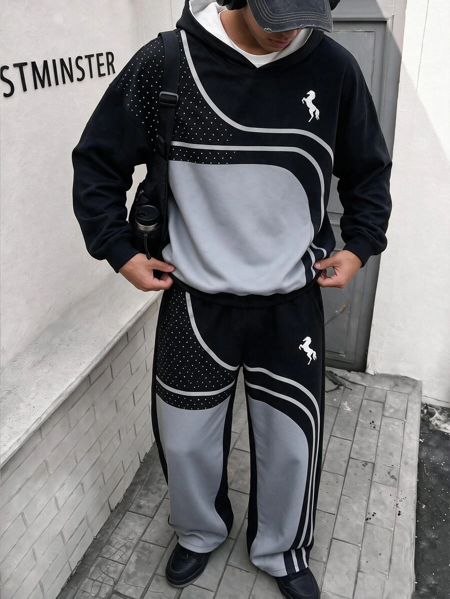Autumn/Winter Teenager Hoodie Sweatshirt Set, Colorblock Patchwork Pony Print Hooded Sweatshirt & Flared Sweatpants 2 Pieces Set, Boys Hip Hop Sports Outfit - Black - View 1