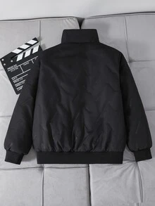 SHEIN 兒童青少年男孩休閒百搭舒適寬鬆實用純色拉鍊連帽黑色保暖內裡加厚外套，適合秋冬羽絨外套、棉服外套、派克大衣 - 黑色 - 查看 3