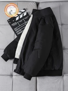 SHEIN 兒童青少年男孩休閒百搭舒適寬鬆實用純色拉鍊連帽黑色保暖內裡加厚外套，適合秋冬羽絨外套、棉服外套、派克大衣 - 黑色 - 查看 2