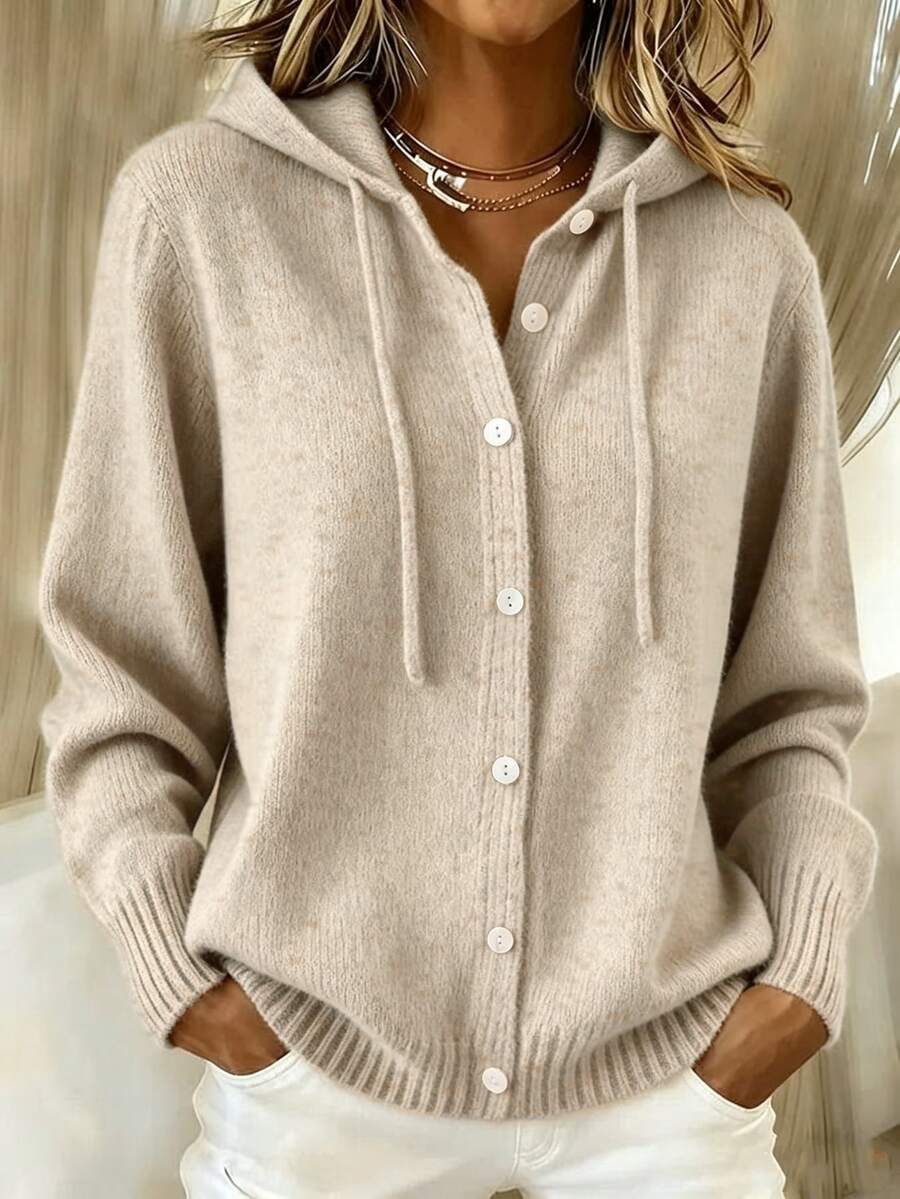 SHEIN Women Drawstring Hooded Knit Cardigan, Autumn Button Front Casual Sweater - Apricot - View 1