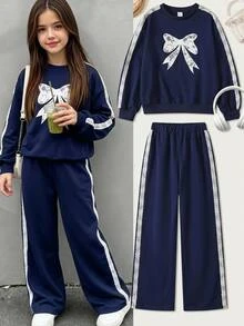 Kids Tween Girls Tween Girl Lace Simple Casual Daily Autumn/Winter Long Sleeve Sweatshirt And Pants Set - Navy Blue - View 12