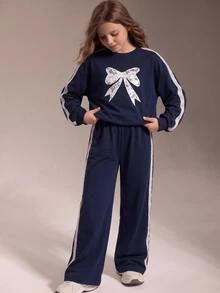 Kids Tween Girls Tween Girl Lace Simple Casual Daily Autumn/Winter Long Sleeve Sweatshirt And Pants Set - Navy Blue - View 10