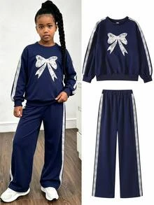 Kids Tween Girls Tween Girl Lace Simple Casual Daily Autumn/Winter Long Sleeve Sweatshirt And Pants Set - Navy Blue - View 13