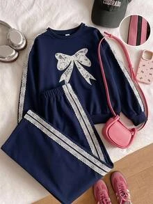 Kids Tween Girls Tween Girl Lace Simple Casual Daily Autumn/Winter Long Sleeve Sweatshirt And Pants Set - Navy Blue - View 11