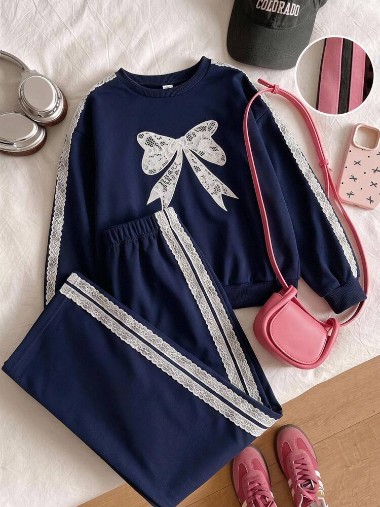 Setelan Anak Perempuan Remaja (Tween Girls) Sweatshirt Lengan Panjang dan Celana Panjang Kasual Sederhana Berenda untuk Sehari-hari di Musim Gugur/Dingin - Navy Blue - View 11