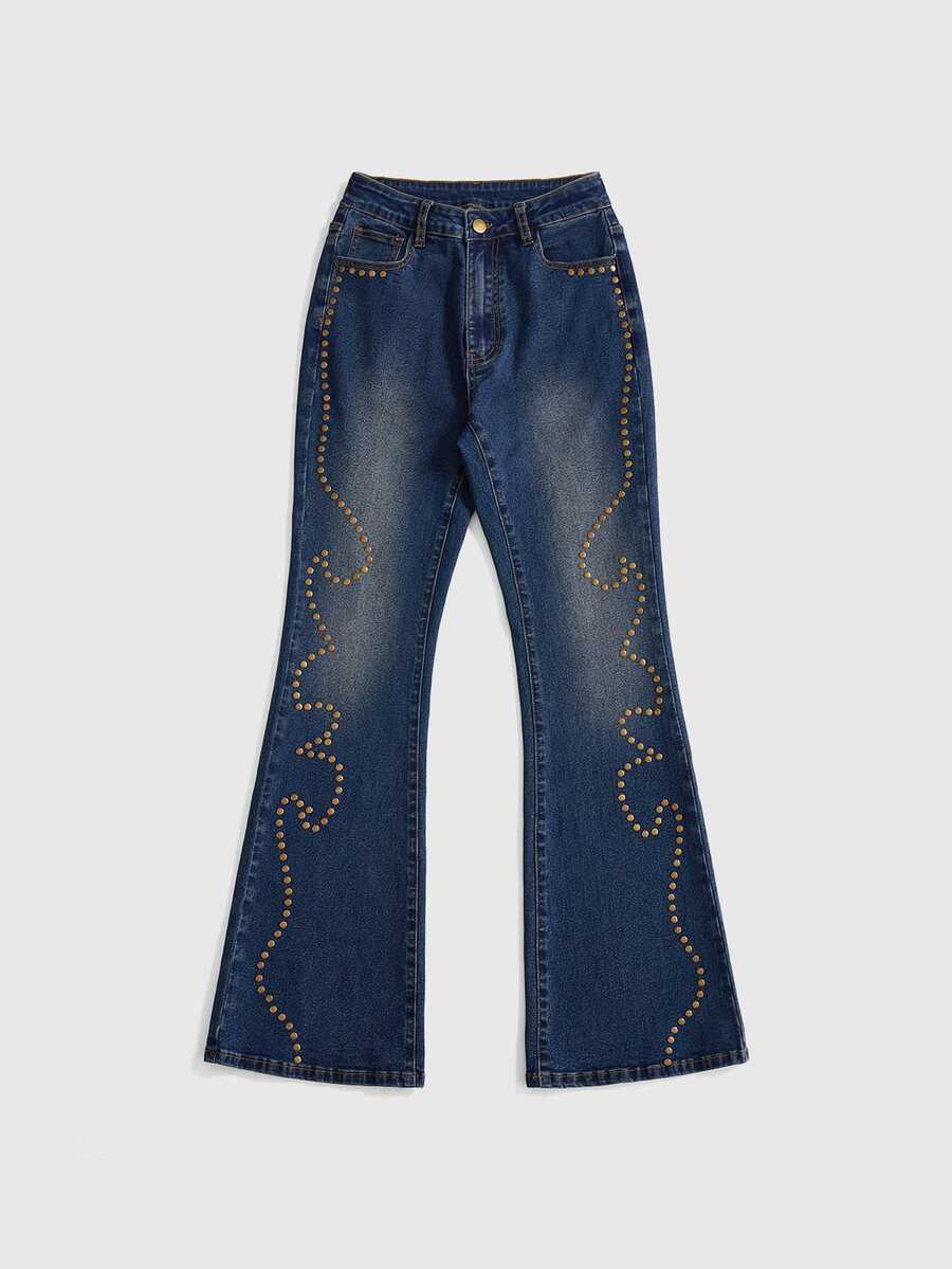 ROMWE Hippie Women's Autumn/Winter Deep Blue Washed Flare Jeans With Rivets - Multicolor - View 1