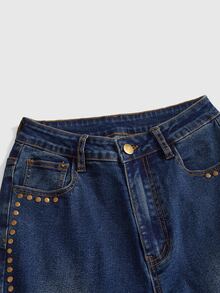 ROMWE Hippie Women's Autumn/Winter Deep Blue Washed Flare Jeans With Rivets - Multicolor - View 6