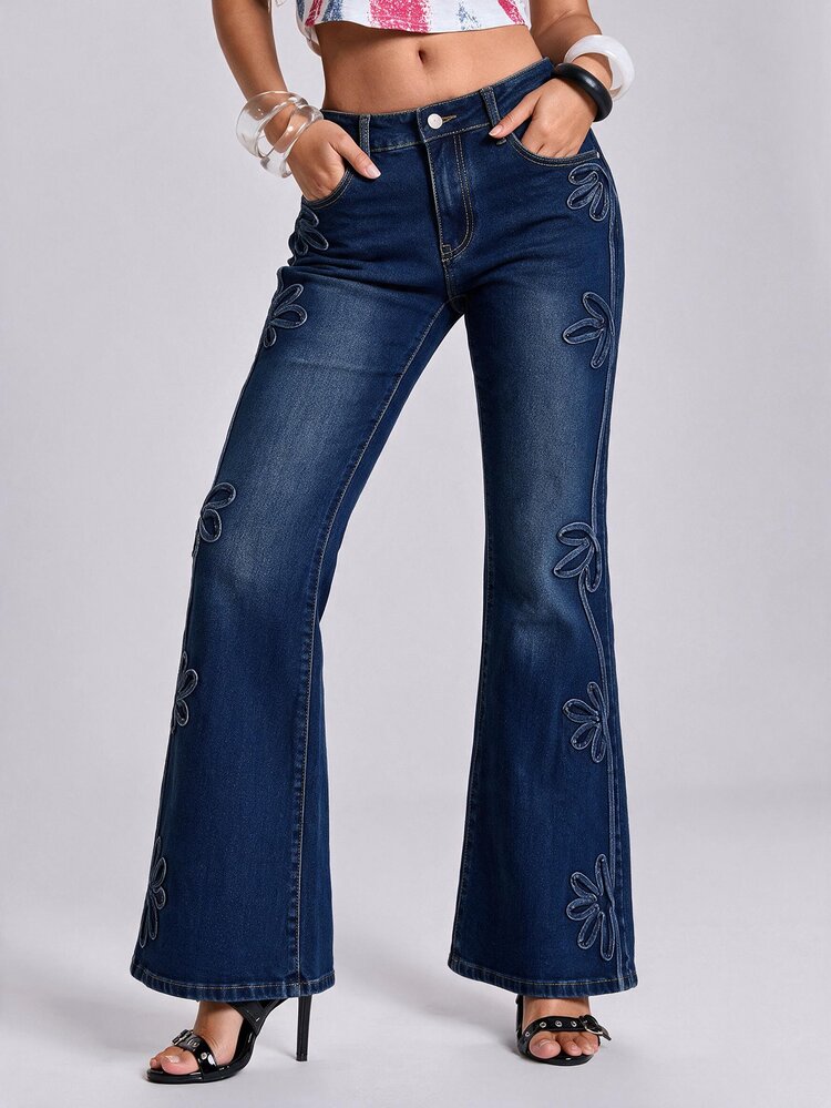 ROMWE Hippie Women's Vintage 3D Floral Washed Mermaid Tail Denim Jeans, Autumn/Winter - Multicolor - View 3