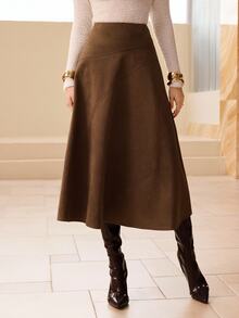 NOVVYNE Solid Color Faux Suede Elegant Fashion Long Skirt For Women - Brown - View 6
