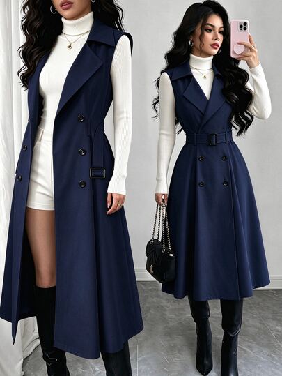 SHEIN Elenzya Jaket Trench Coat Wanita Model Baru dengan Kerah Berlekuk, Sabuk Pengencang Pinggang, Kancing Ganda, Tanpa Lengan, Desain A-Line, Bahan Twill Tenun, Elegan, Serbaguna, Melangsingkan, Meningkatkan Tinggi Badan, Cocok untuk Perjalanan Sehari-hari dan Pesta