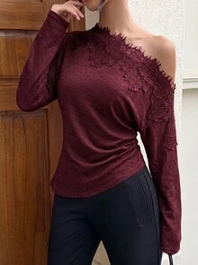 Siren Gaze 女款長袖上衣，露肩設計、蕾絲拼接、撞色，收腰修身，適合春夏穿著，酒紅色 - 酒紅色 - 查看 4