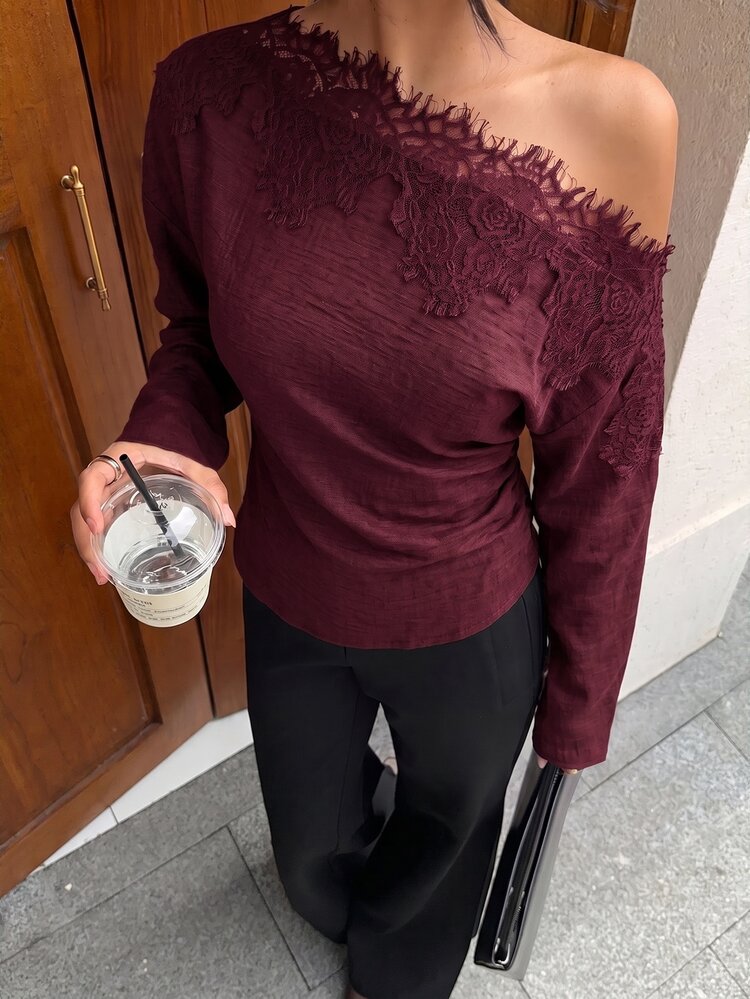 Siren Gaze Women's Long-Sleeve Shirt Featuring An Cold Shoulder Design, Lace Paneling, Color-Blocking, And A Fitted Waist-A Top For Spring And Summer Burgundy - Burgundy - View 1