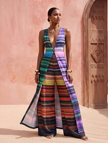 Zivah New Elegant Striped Sleeveless Cover Up & Wide Leg Pants 2 Pieces Set, Versatile For Multiple Occasions, Beach Vacation, Commuting Beach - Multicolor - View 4