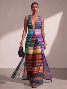 Zivah New Elegant Striped Sleeveless Cover Up & Wide Leg Pants 2 Pieces Set, Versatile For Multiple Occasions, Beach Vacation, Commuting Beach - Multicolor - View 2