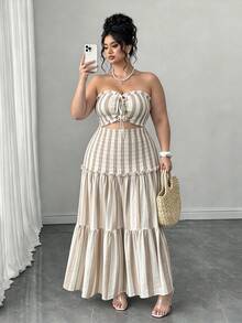 Elenzga Plus Size Elegant Blue & White Striped Strapless Bodycon Dress - Khaki - View 3