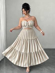 Elenzga Plus Size Elegant Blue & White Striped Strapless Bodycon Dress - Khaki - View 4