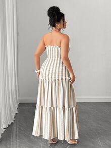 Elenzga Plus Size Elegant Blue & White Striped Strapless Bodycon Dress - Khaki - View 6