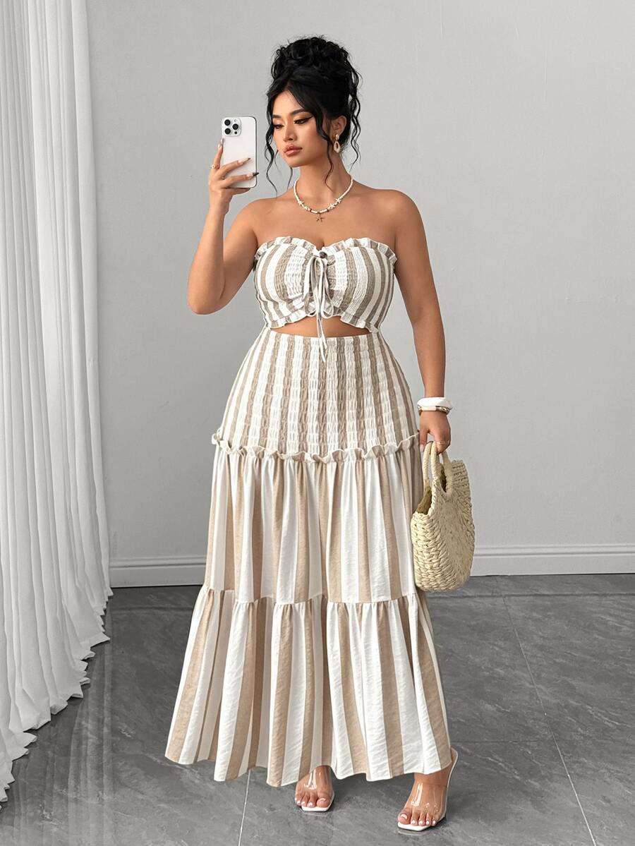 Elenzga Plus Size Elegant Blue & White Striped Strapless Bodycon Dress - Khaki - View 1