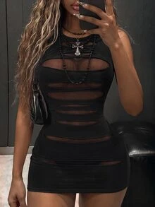 Amplova Cut Out Front Racerback Bodycon Mini Dress Halloween Night Out Club Black Summer Gothic Sexy - Black - View 1