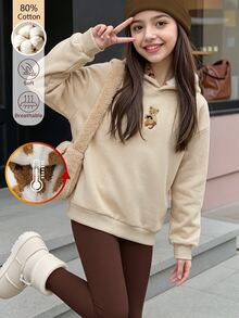 SHEIN Tween Girl Cotton Teddy Bear Sweatshirt, Fall Clothes Winter Beige Sweatshirt, Cute Long Sleeve Pullover For Daily Wear Street Style Suitable For School - Apricot - View 2