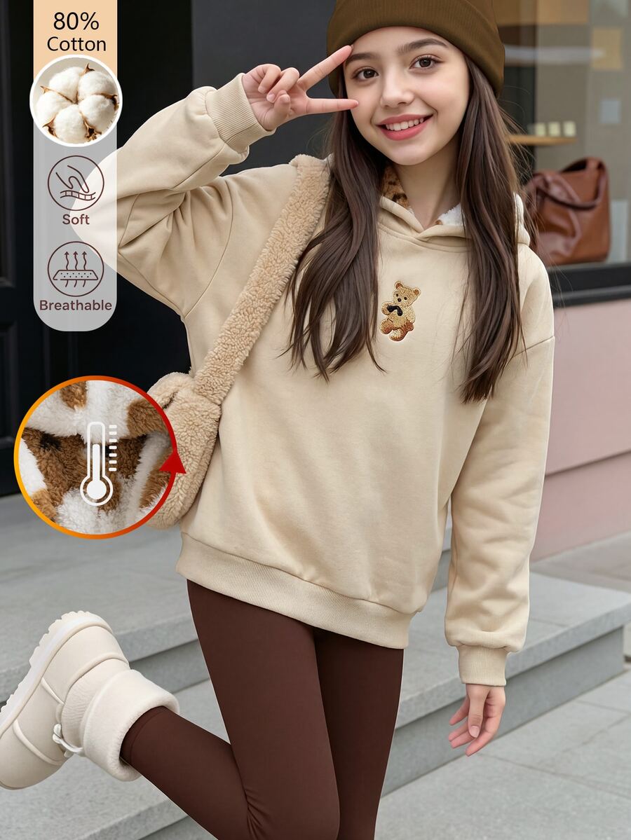 SHEIN Tween Girl Cotton Teddy Bear Sweatshirt, Fall Clothes Winter Beige Sweatshirt, Cute Long Sleeve Pullover For Daily Wear Street Style Suitable For School