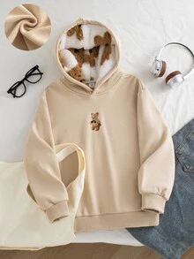 SHEIN Tween Girl Cotton Teddy Bear Sweatshirt, Fall Clothes Winter Beige Sweatshirt, Cute Long Sleeve Pullover For Daily Wear Street Style Suitable For School - Apricot - View 6