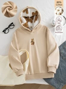 SHEIN Tween Girl Cotton Teddy Bear Sweatshirt, Fall Clothes Winter Beige Sweatshirt, Cute Long Sleeve Pullover For Daily Wear Street Style Suitable For School - Apricot - View 4