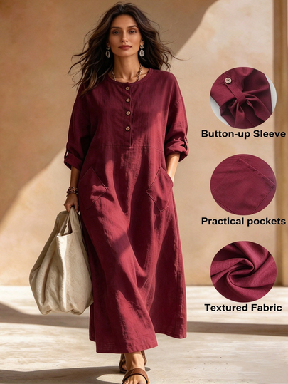 Linhara CURVE Women's Round Neck Long Sleeve Pocket Dress, Casual Dress, Summer Dress, Women's Vacation Wear, Beach Dress Fall