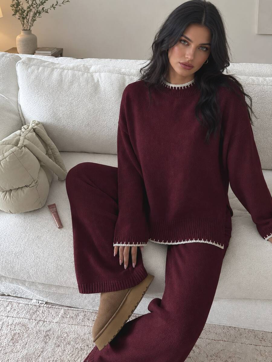 Autumina 2pcs Women Contrast Trim Long Sleeve Sweater Top And Pants Set Fall Winter Cloth For Women - Burgundy - View 1