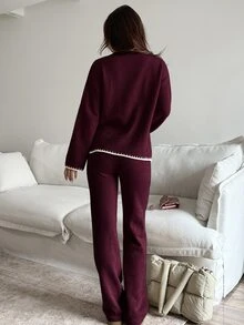 Autumina 2pcs Women Contrast Trim Long Sleeve Sweater Top And Pants Set Fall Winter Cloth For Women - Burgundy - View 2