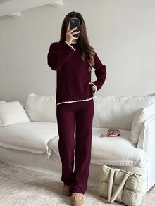 Autumina 2pcs Women Contrast Trim Long Sleeve Sweater Top And Pants Set Fall Winter Cloth For Women - Burgundy - View 7