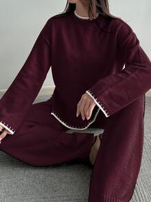 Autumina 2pcs Women Contrast Trim Long Sleeve Sweater Top And Pants Set Fall Winter Cloth For Women - Burgundy - View 5