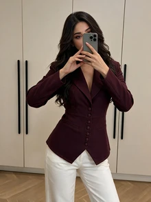 NOVVYNE 女款酒紅色修身收腰西裝外套 缺口領單排扣尖擺 剪裁版型 辦公通勤 靜奢風 秋季 正式休閒夾克 - 酒紅色 - 查看 5