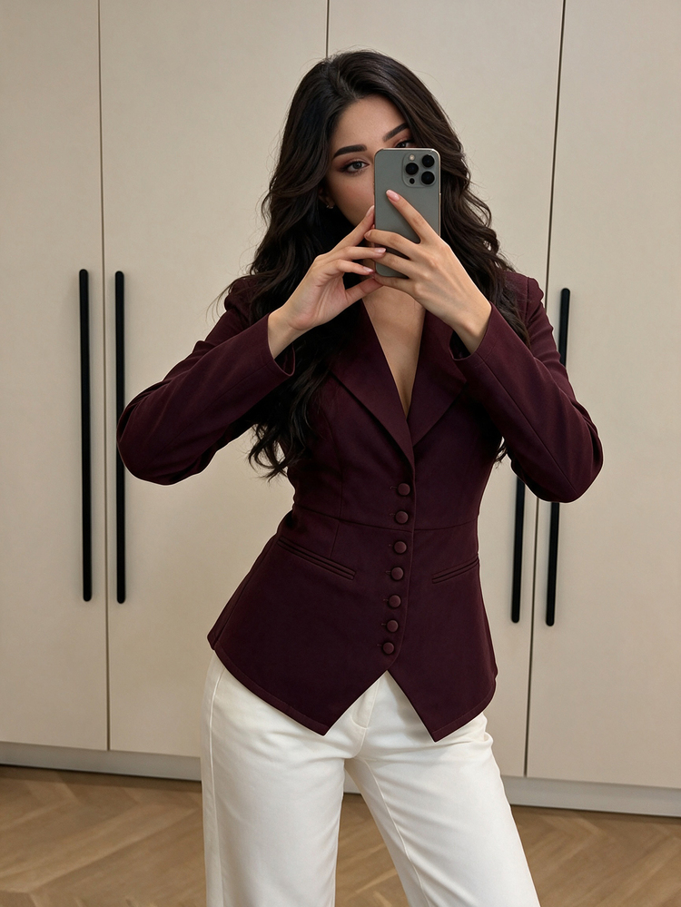 NOVVYNE 女款酒紅色修身收腰西裝外套 缺口領單排扣尖擺 剪裁版型 辦公通勤 靜奢風 秋季 正式休閒夾克 - 酒紅色 - 查看 4