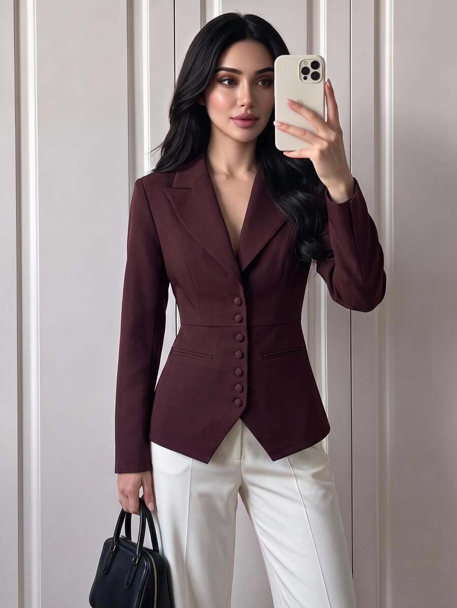 NOVVYNE 女款酒紅色修身收腰西裝外套 缺口領單排扣尖擺 剪裁版型 辦公通勤 靜奢風 秋季 正式休閒夾克