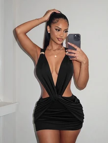Amplova Women's Twisted Backless Mini Dress Suitable For Banquet And Party - Black - View 1