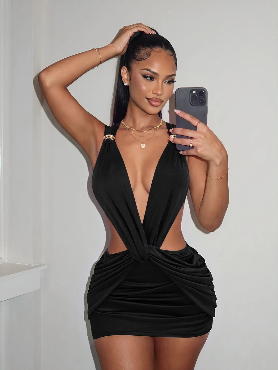 Amplova Women's Twisted Backless Mini Dress Suitable For Banquet And Party - Black - View 1
